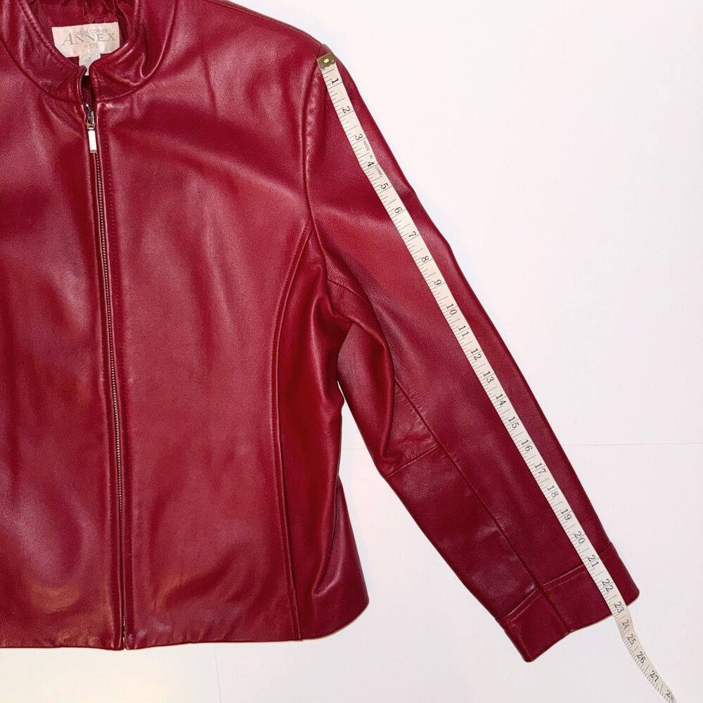 Casual Corner Annex Petite 90's Red Leather Jacket Zip Front Racing Lined M - Picture 11 of 16